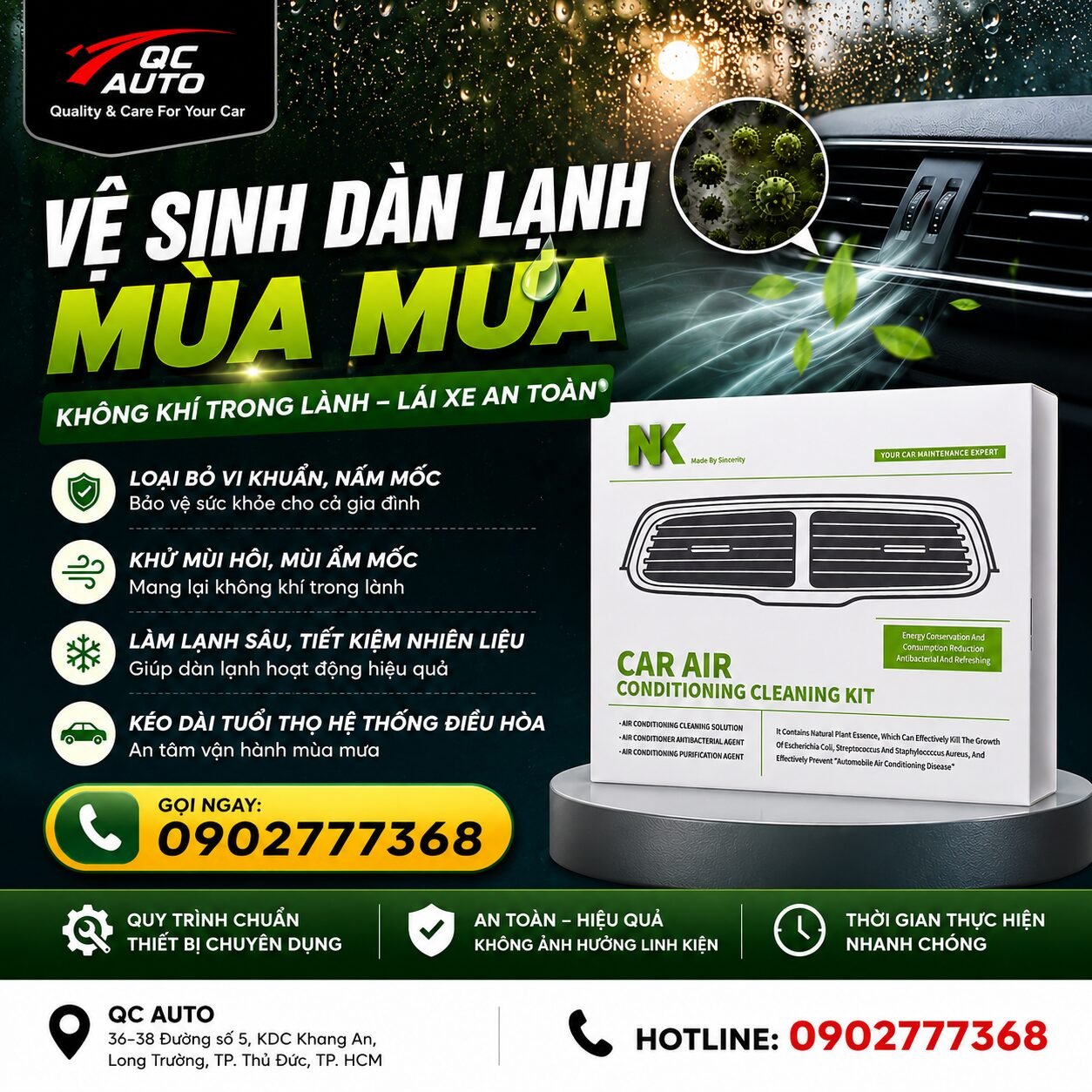Bộ dung dịch NK Car Air Conditioning Cleaning Kit — vệ sinh dàn lạnh mùa mưa tại QC Auto: diệt vi khuẩn nấm mốc, khử mùi hôi, làm lạnh sâu