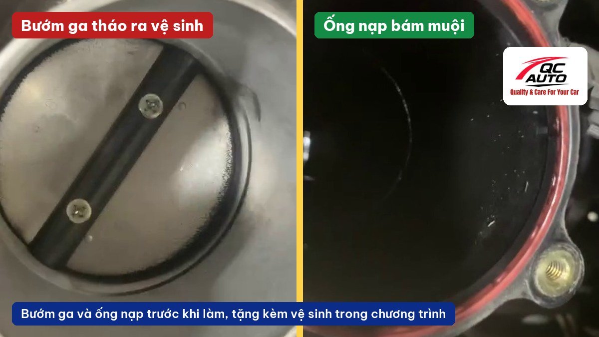 Bướm ga tháo ra vệ sinh và ống nạp bám muội trước khi làm tại QC Auto