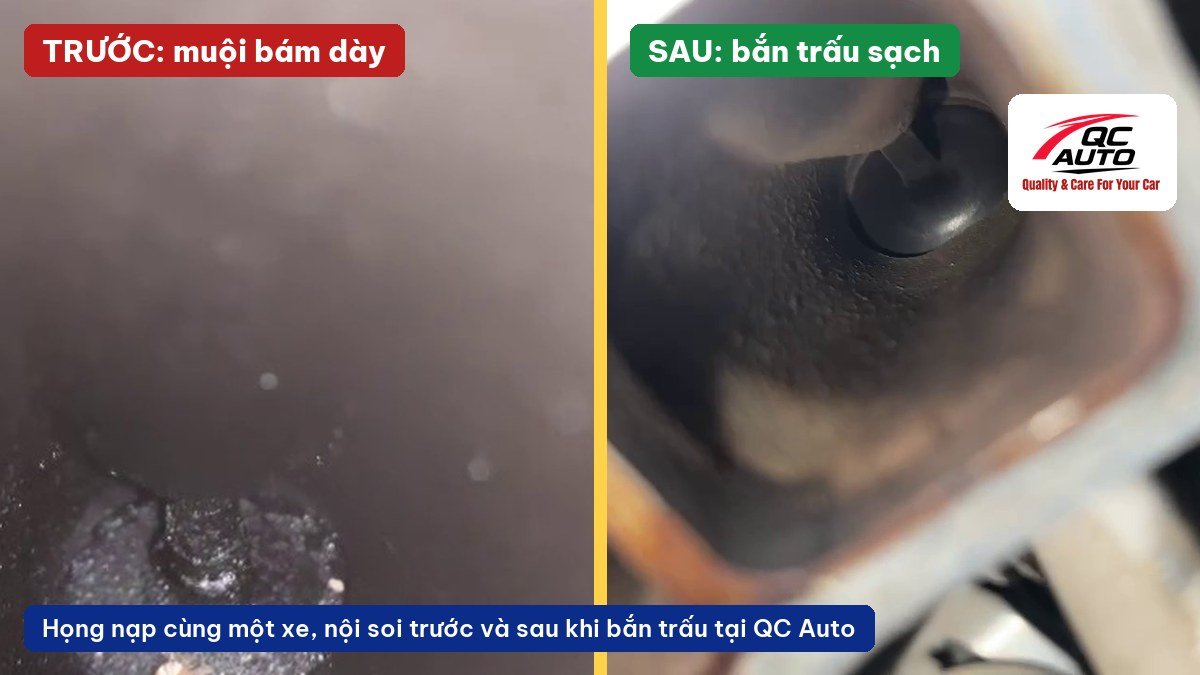 Họng nạp ô tô trước và sau khi bắn trấu tại QC Auto: muội than bám dày và kim loại sạch sau khi làm