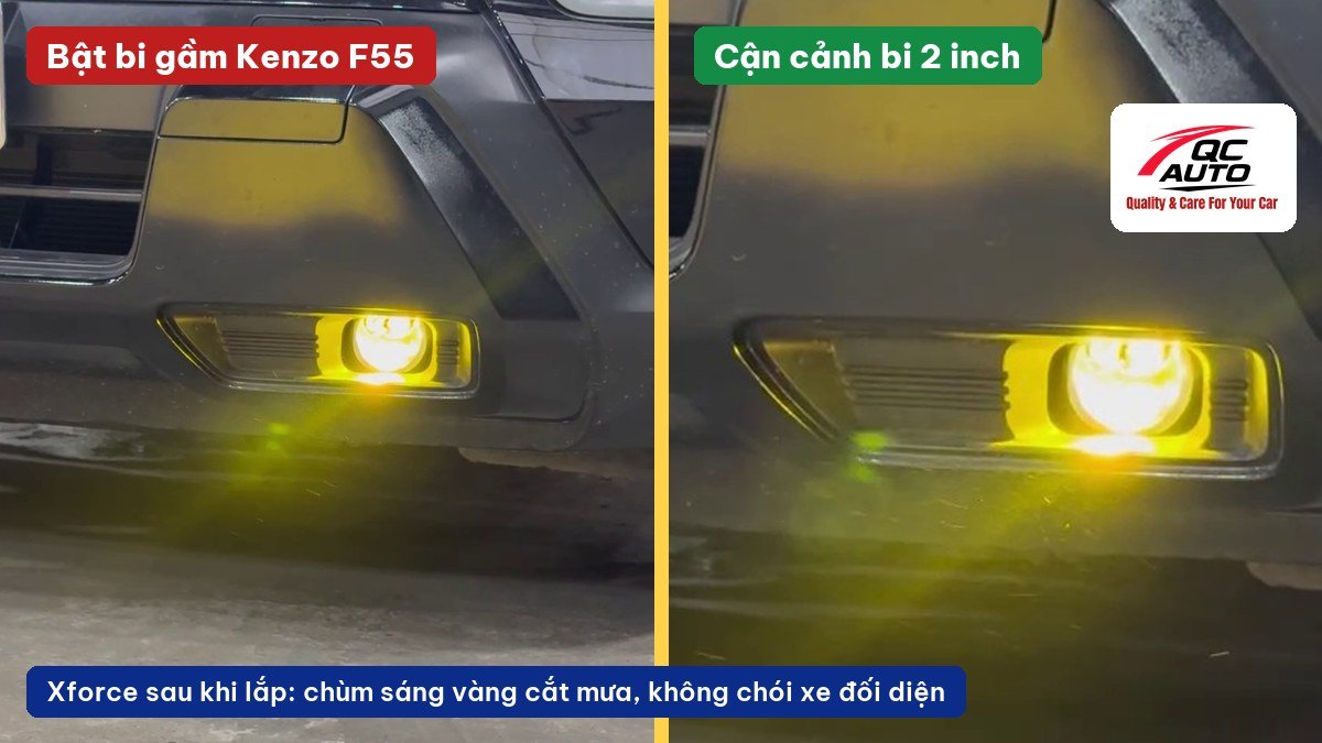 Mitsubishi Xforce bật bi gầm Kenzo F55 màu vàng 3000K ban đêm sau khi lắp tại QC Auto