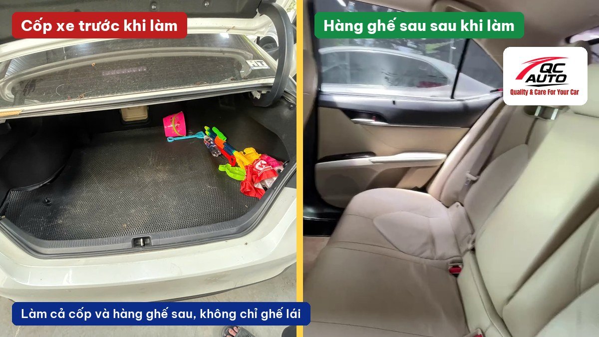Cốp xe trước khi làm và hàng ghế sau sau khi vệ sinh nội thất chuyên sâu tại QC Auto