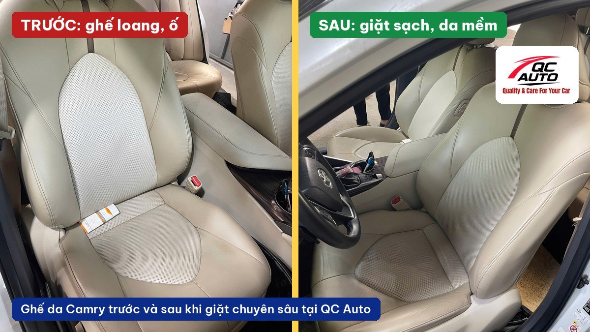 Ghế da Toyota Camry trước và sau khi giặt nội thất chuyên sâu tại QC Auto