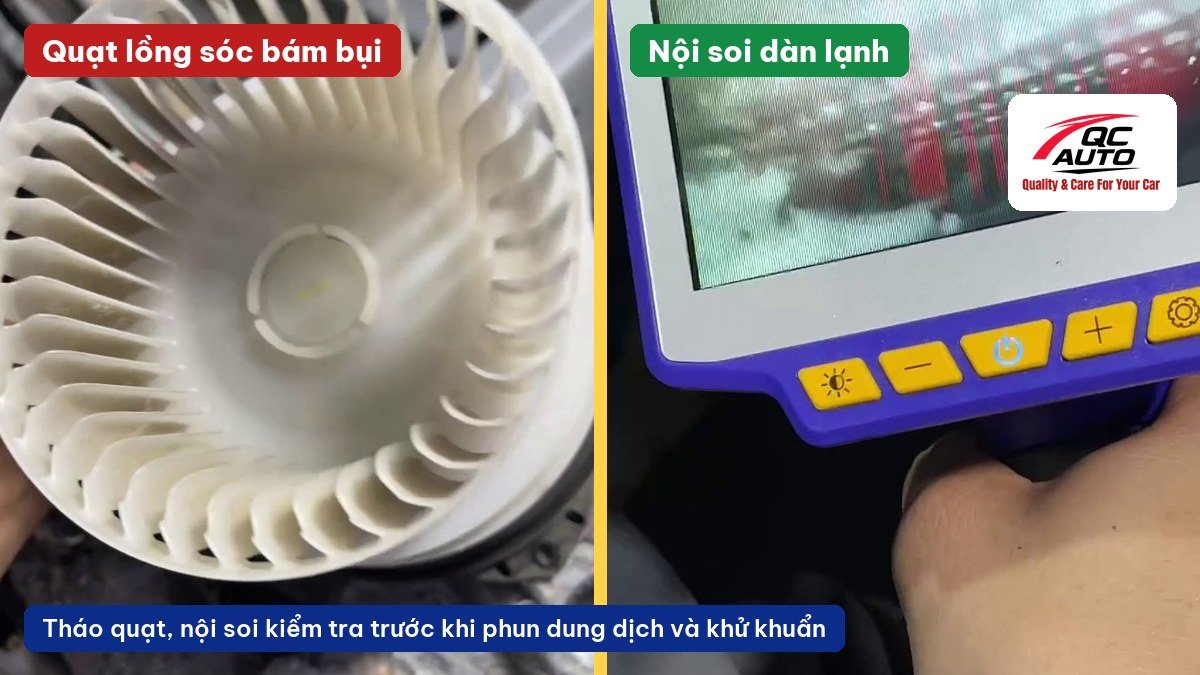 Quạt lồng sóc bám bụi và màn hình máy nội soi dàn lạnh ô tô tại QC Auto