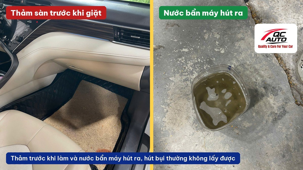 Thảm sàn ô tô trước khi giặt và xô nước bẩn máy phun hút hút ra tại QC Auto